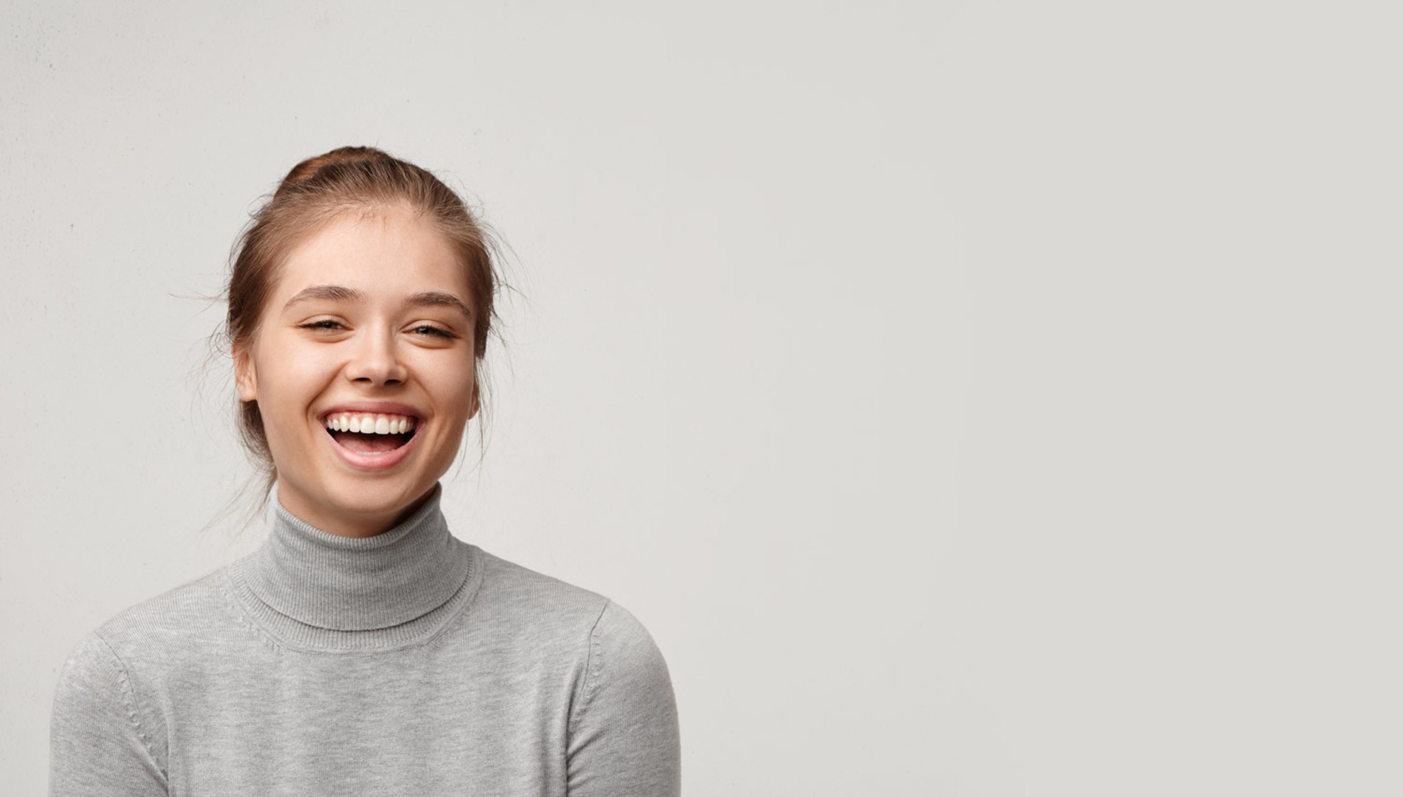 Caucasian Blond Girl Smiling Grey Sweater