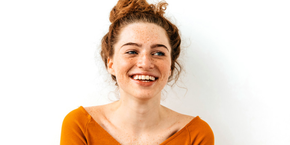 Red Hair Woman Portrait Happiness Beautiful Blue Eyed Girl Freckles Smiling White Background